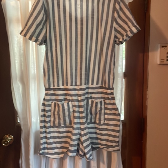 LOFT blue white ROMPER striped 4 pockets Drawstring waist COTTON 14 - Picture 2 of 6